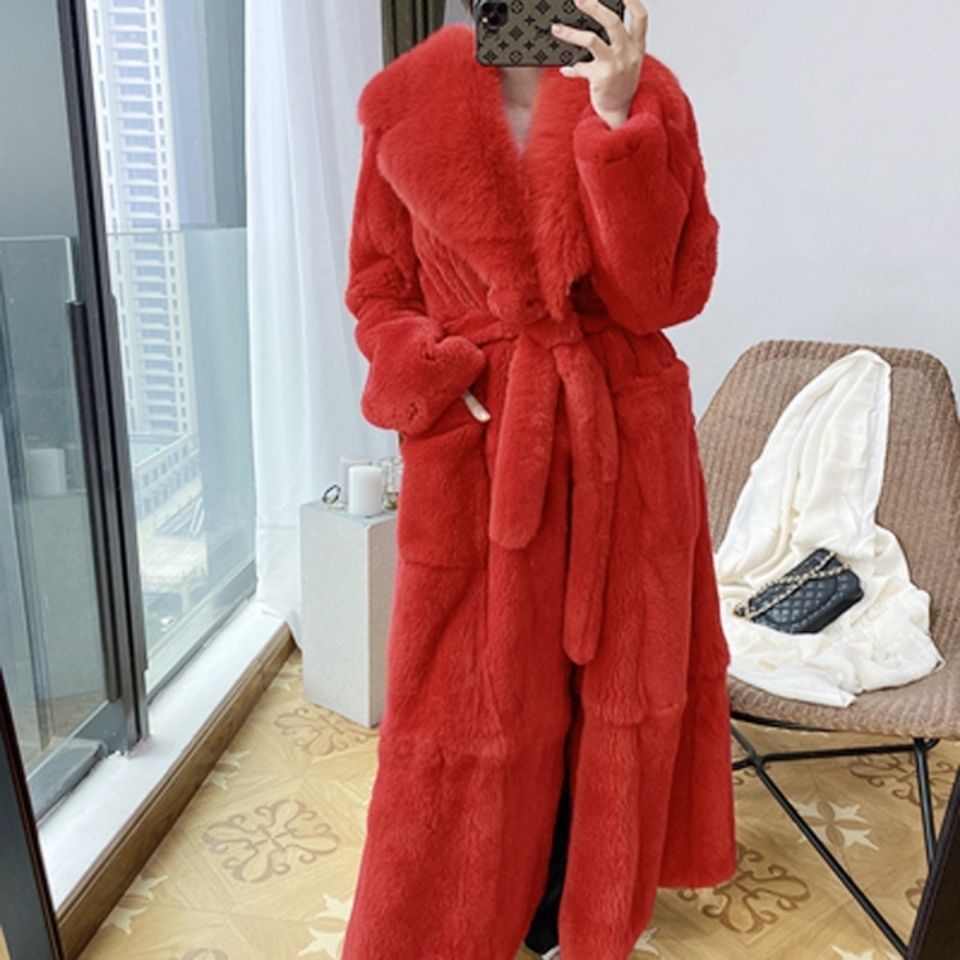 Women's Mid-Length Faux Rabbit Fur Coat – Urban Casual V-Neck