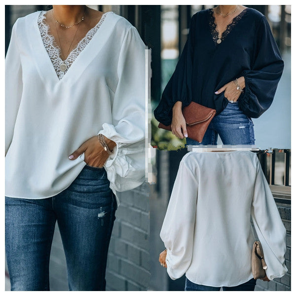 Solid Color V-Neck Long Sleeve Pullover Top