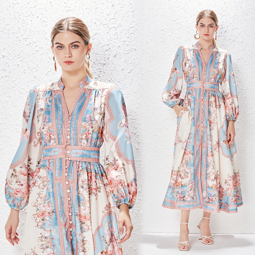 Robe imprimée à manches lanternes simple boutonnage en coton et lin