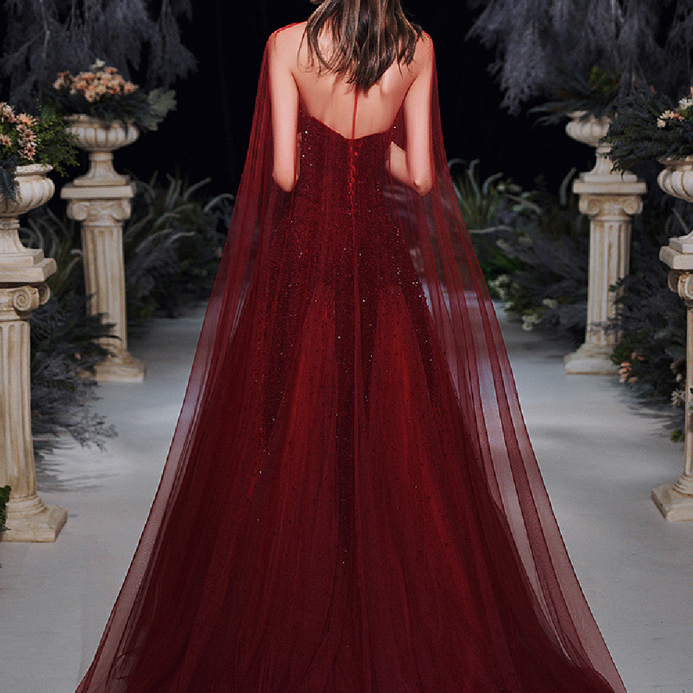 Luxury Wine Red Middle-Waist Bridal Toast Dress Long Skirt