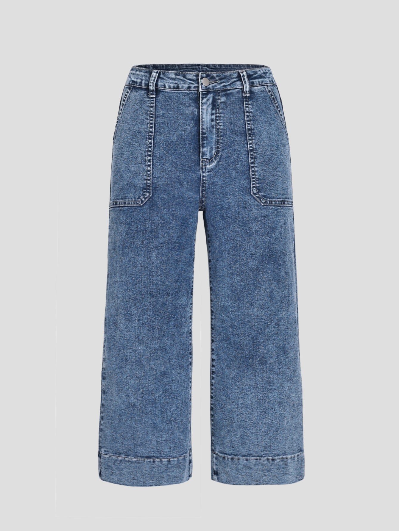 Pantalon large court amincissant taille haute à la française bleu foncé
