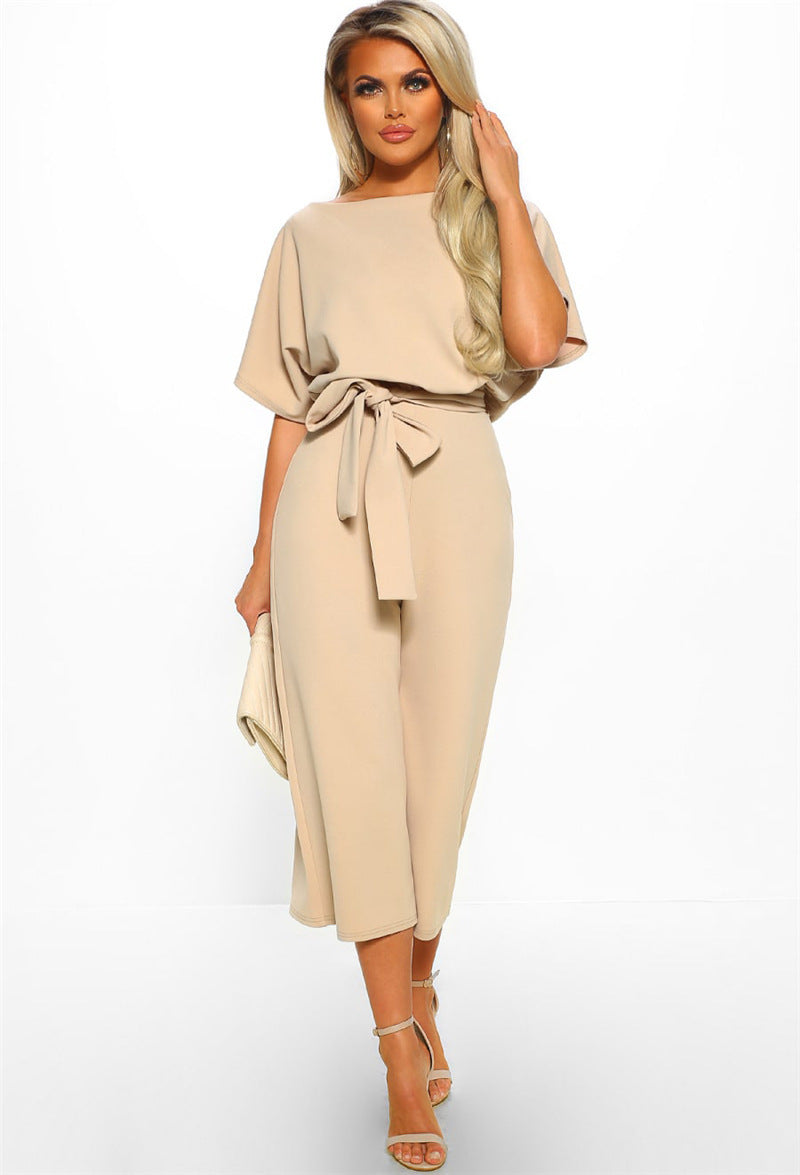 Summer Lace-Up Button Short-Sleeve Women's Polyester Jumpsuit