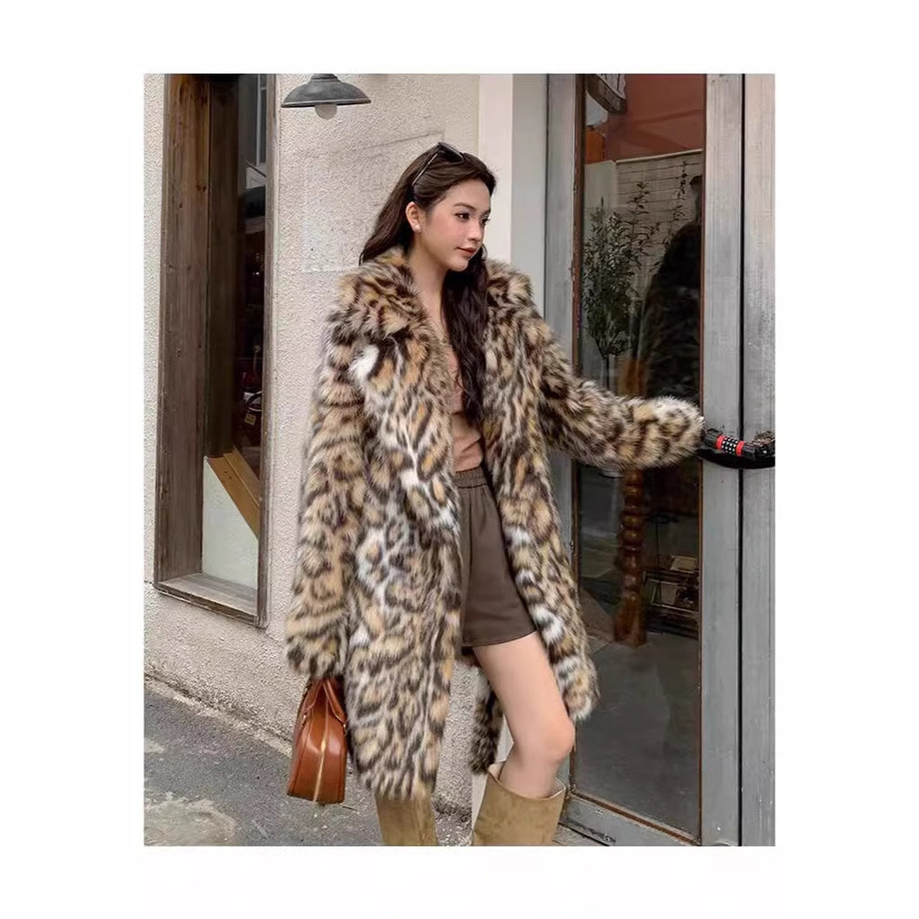 Fashion Long Mid-Length Faux Fox Fur Coat with Collar