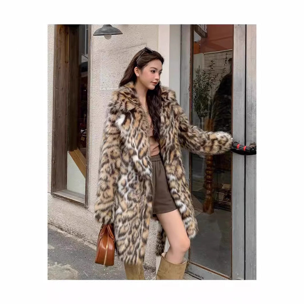 Fashion Long Mid-Length Faux Fox Fur Coat with Collar