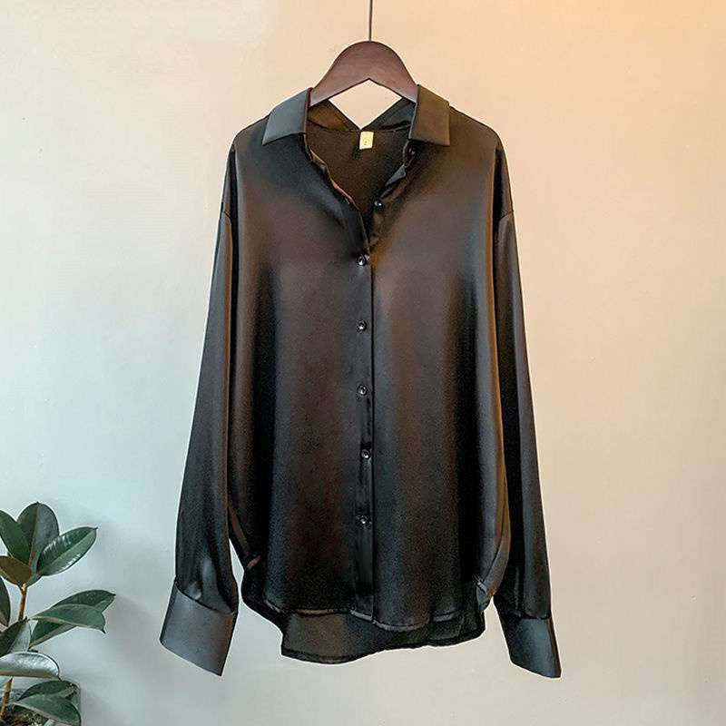 Chemise en satin à manches longues pour femme, coloris blanc nacré, vert, abricot et noir