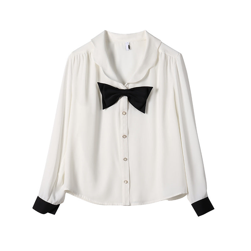 Slim Fit Doll Collar Long Sleeve Bow Shirt