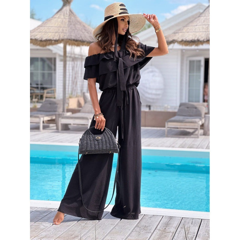 Ruffled Short Sleeves Elastic And Waisted Wide Leg Jumpsuit Trousers