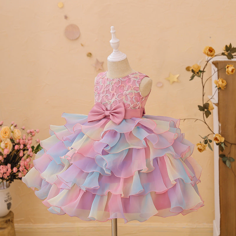 Children's Casual Princess Bow Dress in Pink, Blue, and Bean Paste