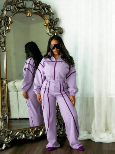 Ensemble veste zippée à surpiqûres contrastées et pantalon large American Hot Girl