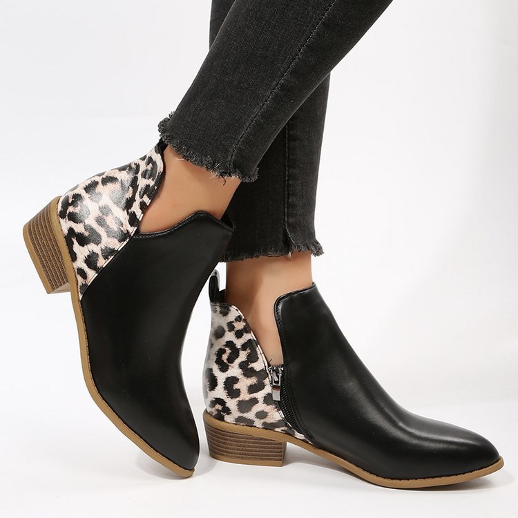 Plus Size Black Leopard Print Leather Martin Boots