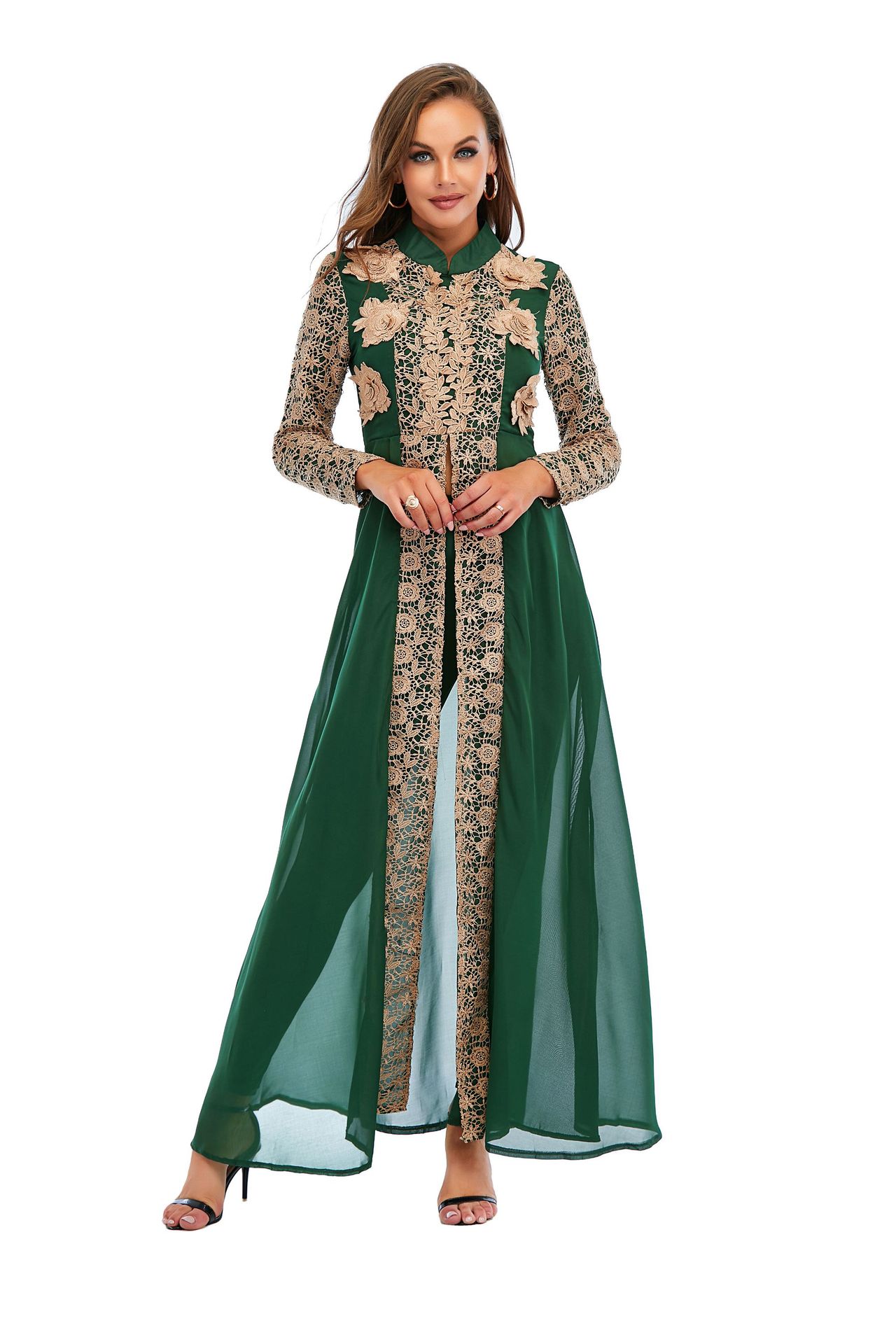 Arabian Women Chiffon Stand Collar Lace Long Sleeve Dress Pants Set