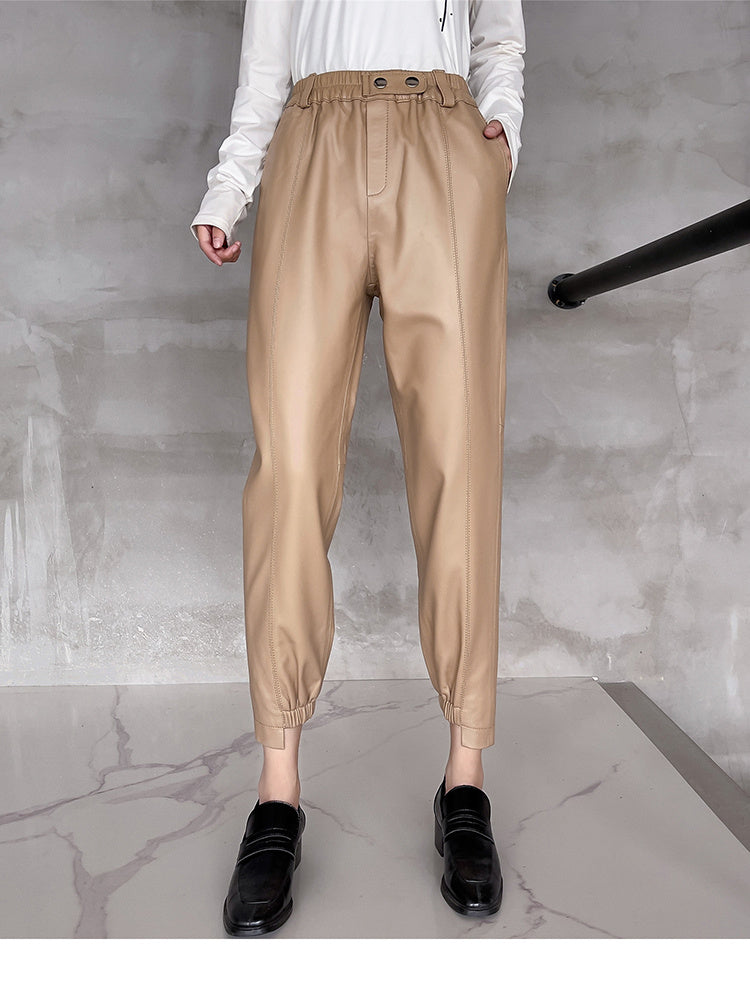 Women's Sheepskin Leather Harem Pants High Waist Elastic Leggings