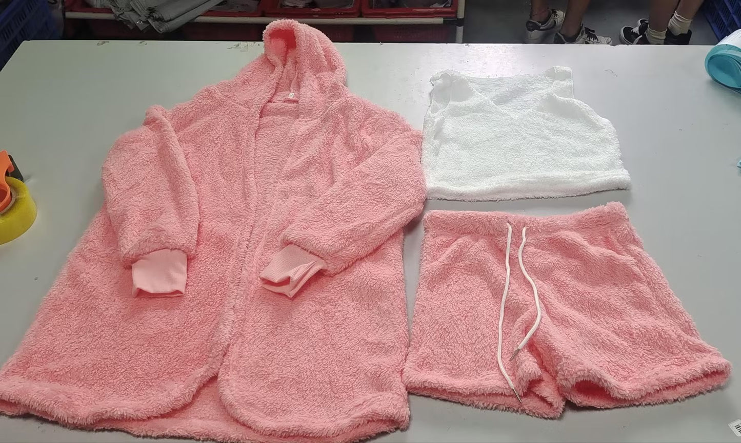 3pcs Long Sleeve Crop Tank Top And Drawstring Shorts Pajama Set