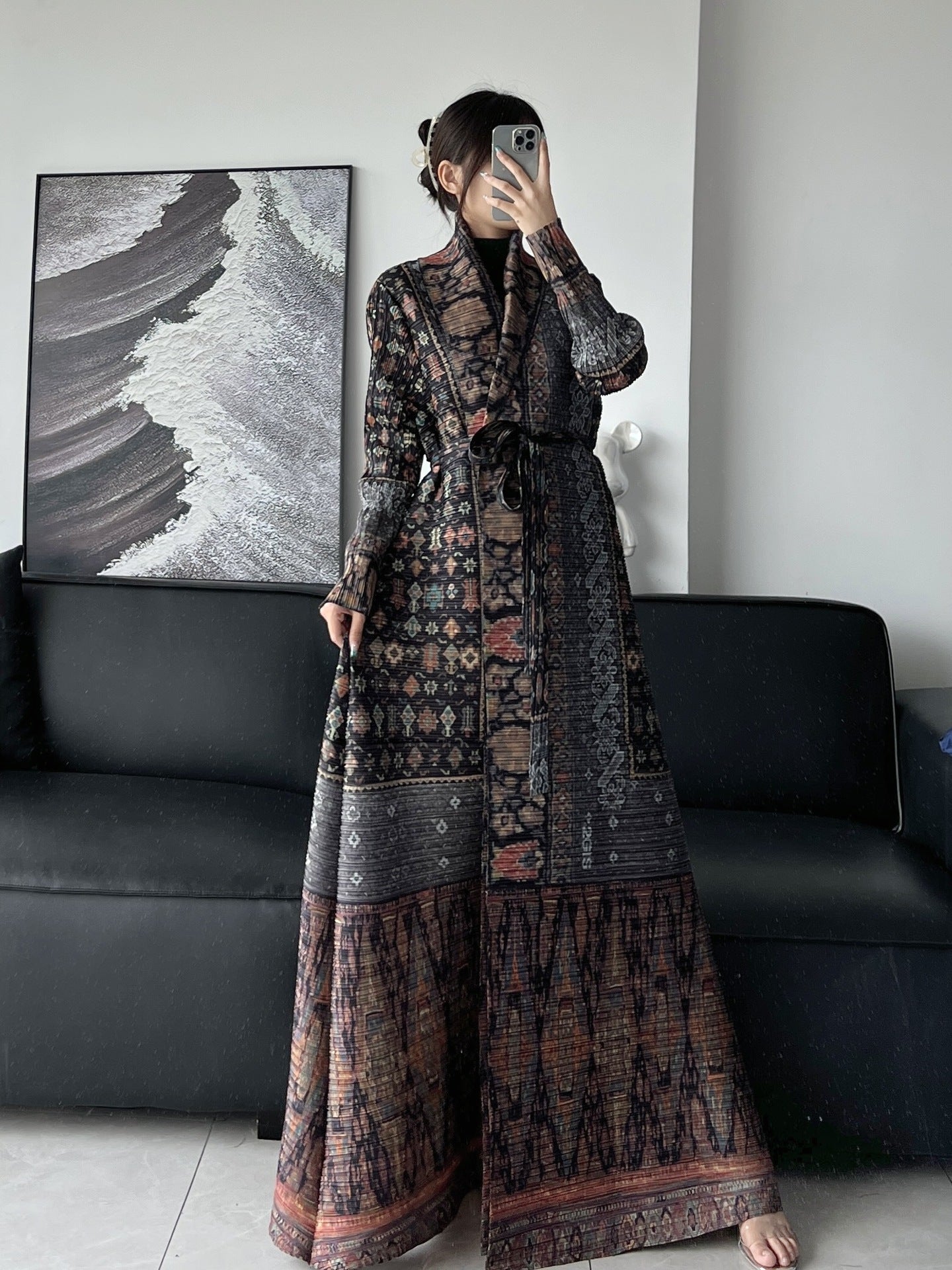 Pleated Print Fashionable All-match Lace-up Loose Arabian Abaya Robe