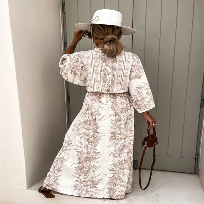 Spring Summer V-Neck Short Sleeve Printed Long Swing Skirt