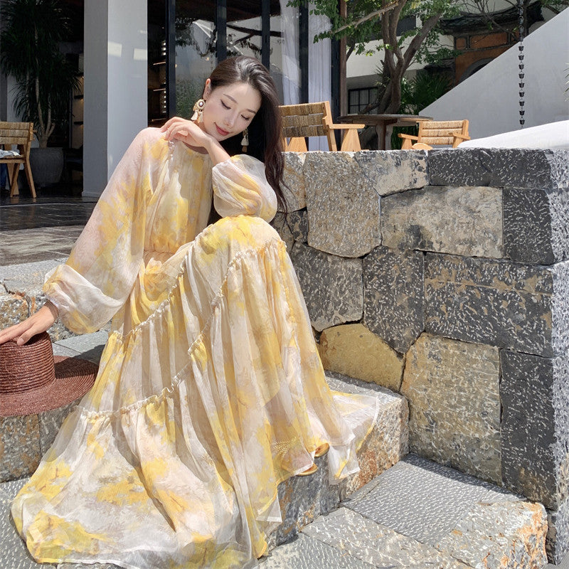 Robe trapèze en mousseline fleurie à la française pour femme