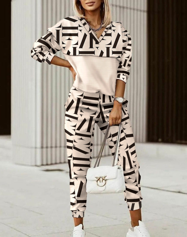 Ensemble pantalon et haut à manches longues imprimé pour femme en fibre de polyester