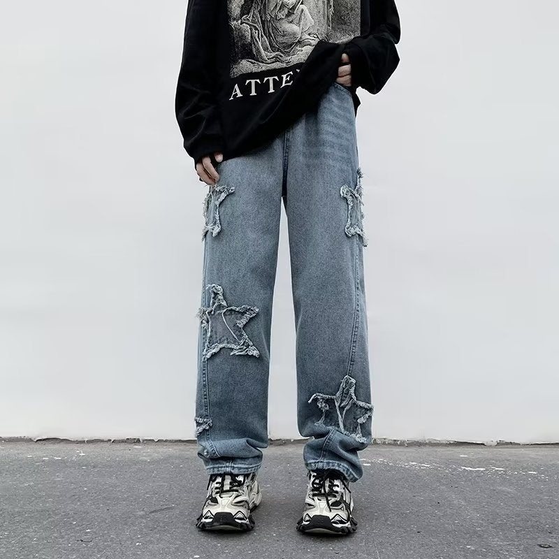 Men's Blue Loose Straight Denim Pants Mid Waist