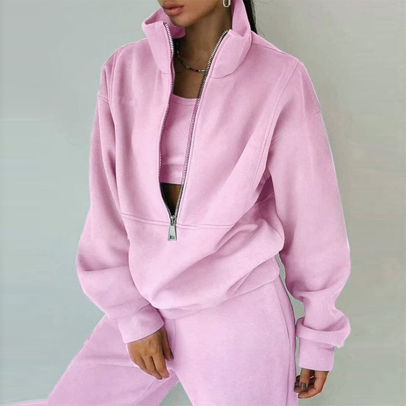 Women's Zipper Fleece Sweater and Pants Set - Casual Sportswear