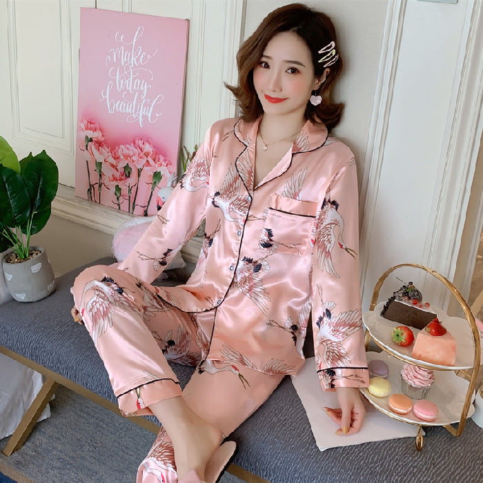 Women's Spring & Autumn Ice Silk Pajama Set Loose Homewear Trousers