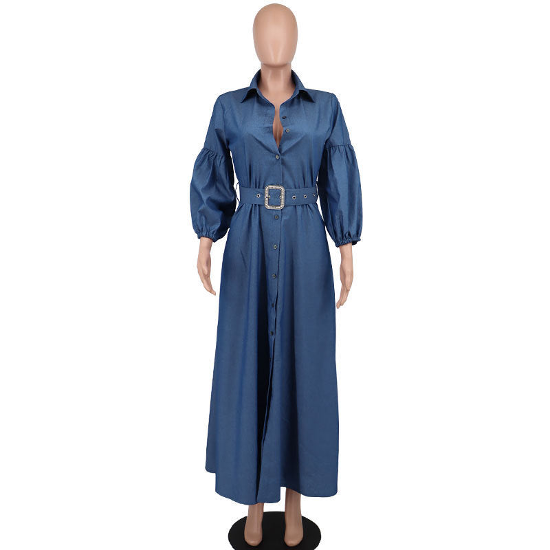 Women's Blue Denim Long Sleeve Shirt with Belt