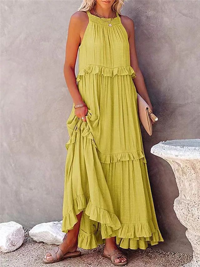Robe longue d'été à volants, dos nu, col halter, pour femmes