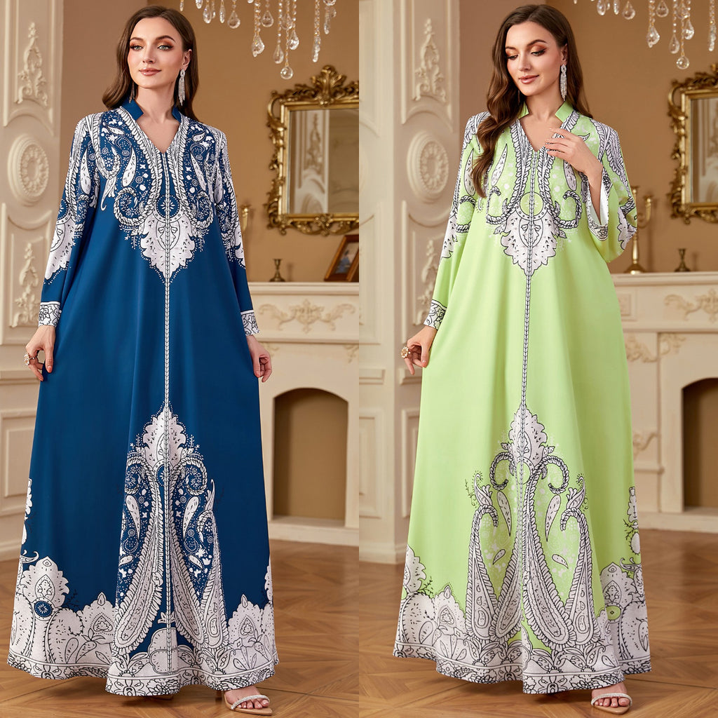 Robe longue ample imprimée en polyester à perles décontractée pour femme musulmane, tailles M-XXL