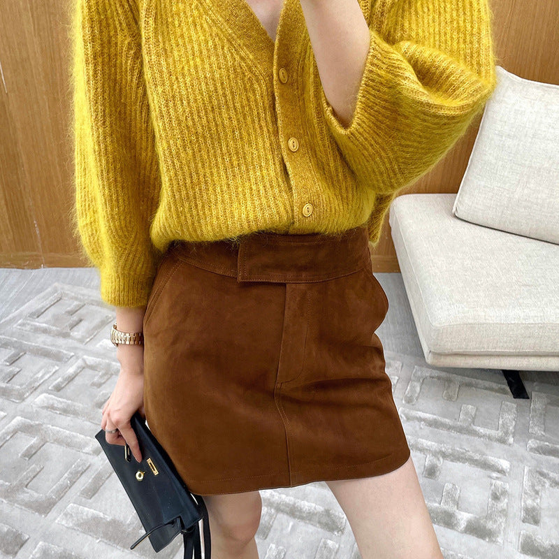 Genuine Leather High Waist Sheath Skirt for Spring and Autumn