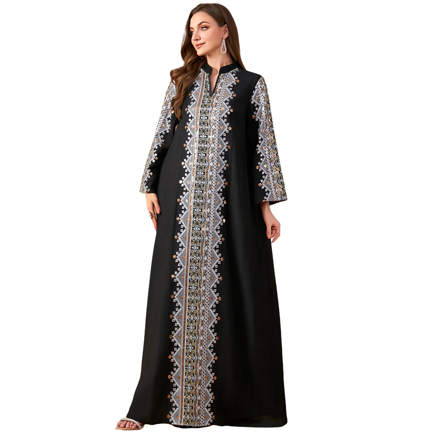فستان طويل مطرز بالأسود من دبي، الشرق الأوسط، بوليستر M-XXL