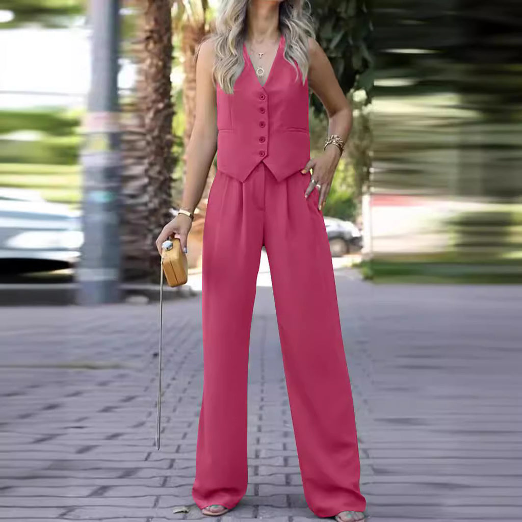 Ensemble tailleur gilet sans manches col V et pantalon large