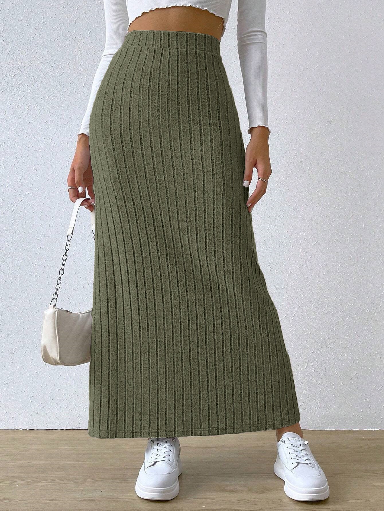 Robe longue printanière en maille, taille haute, fente latérale, coupe ajustée