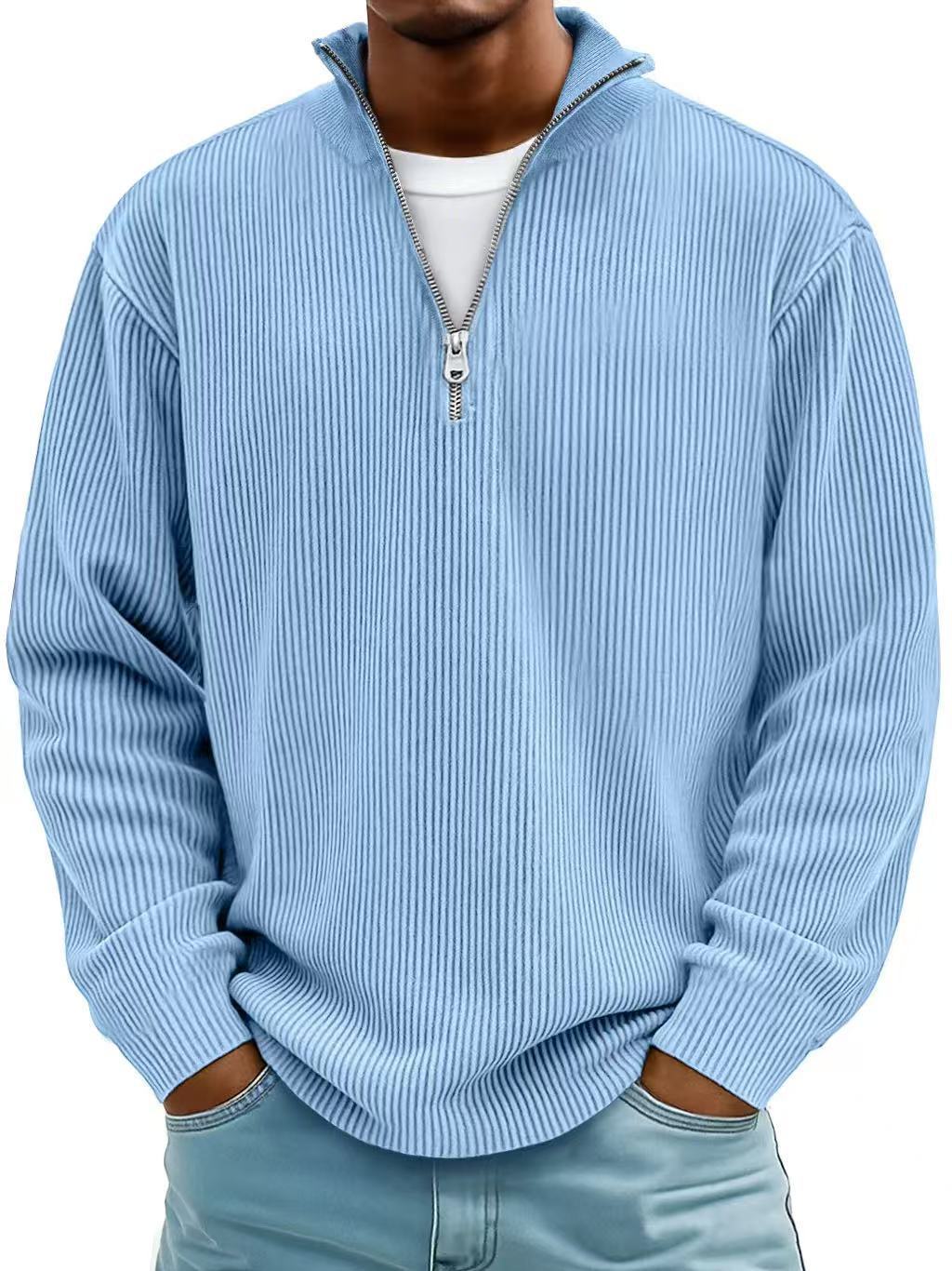 Casual Ribbed Stand Collar Corduroy Zipper Long Sleeve Pullover