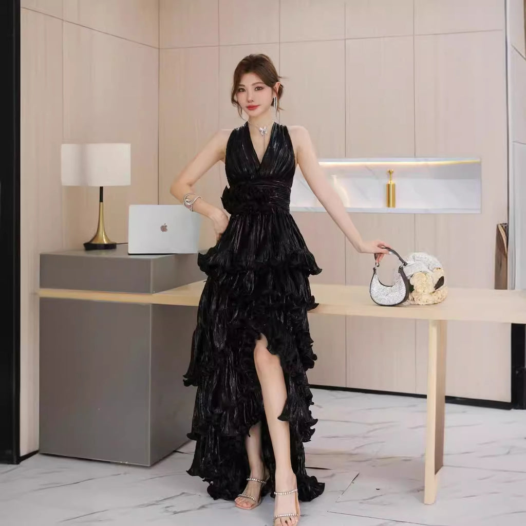 Robe Dovetail Volants Taille Haute pour Femme en Noir, Gris Argenté & Doré