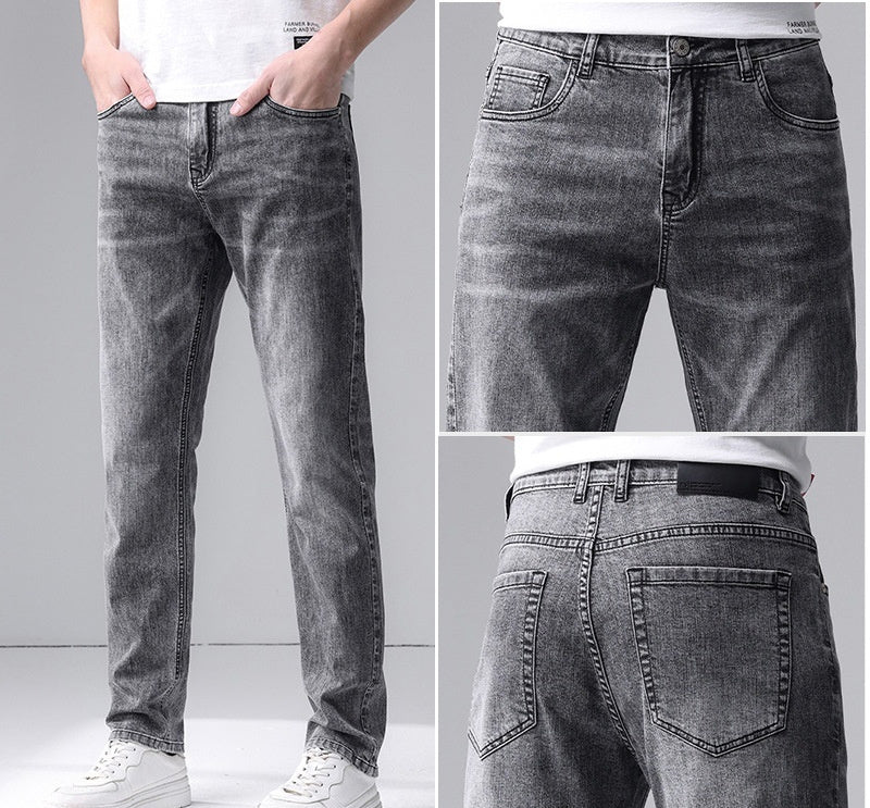Men's Slim Fit Straight Jeans Mid Waist Cotton