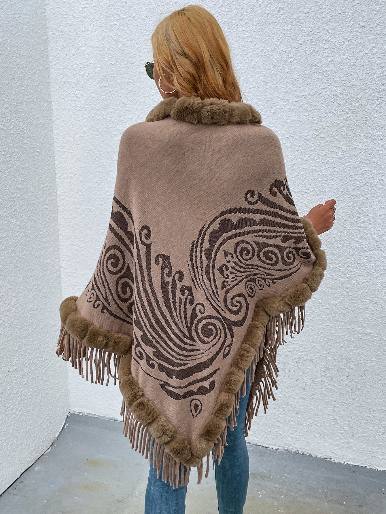 Khaki Wool Collar Tassel Shawl Pullover Sweater Cloak