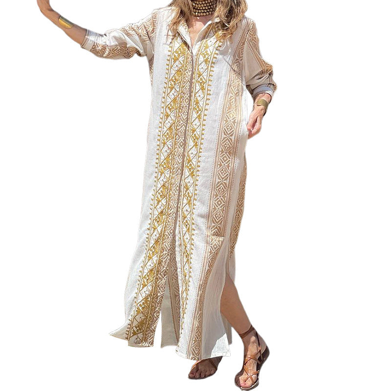 Arabian Fashion Geometric Print Long Sleeve Mid-Length Dress White Polyester