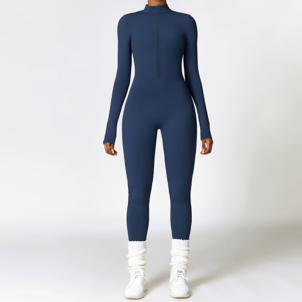 Combinaison de sport moulante à manches longues zippée et chaude pour femme