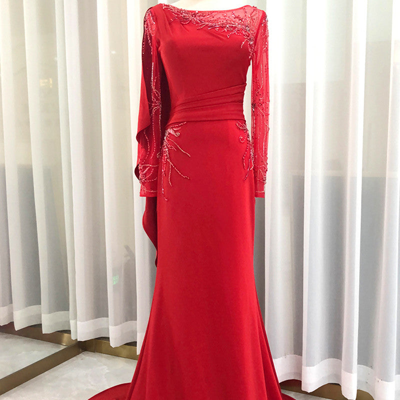 Elegant Slimming Long Sleeve Evening Dress with Zipper in White or Red
