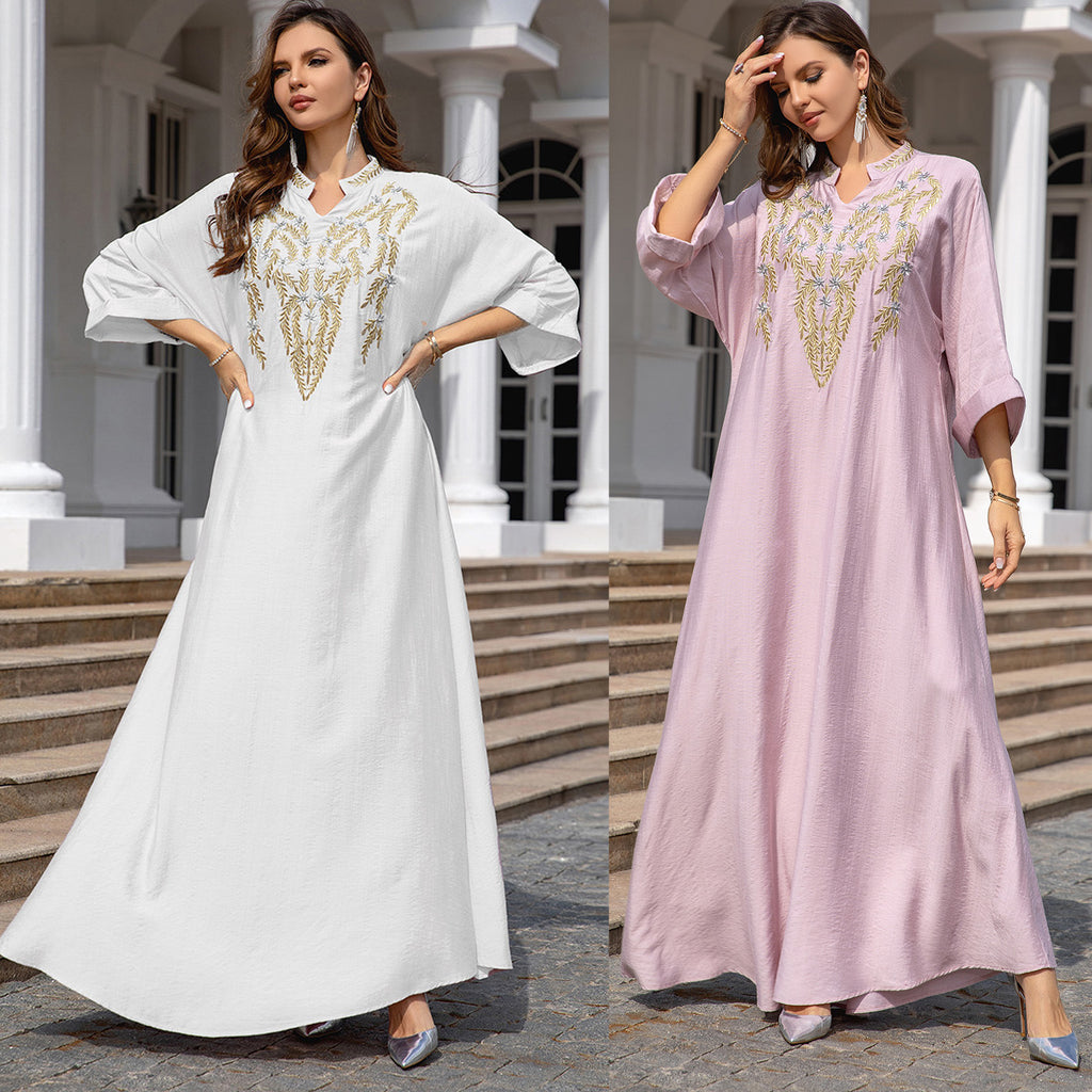 Robe longue brodée rose et blanc pour femmes musulmanes, tailles M-XXL
