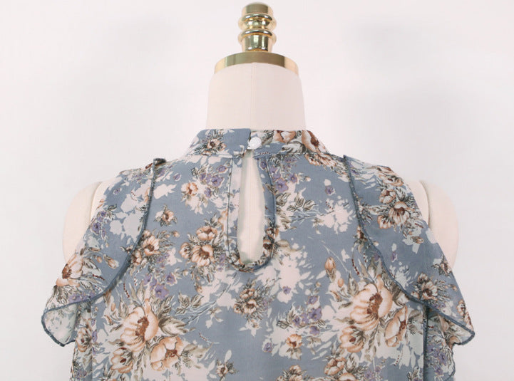 Women's One-Shoulder Western Style Chiffon Top Slim Fit V-Neck Blue Beige S-XL