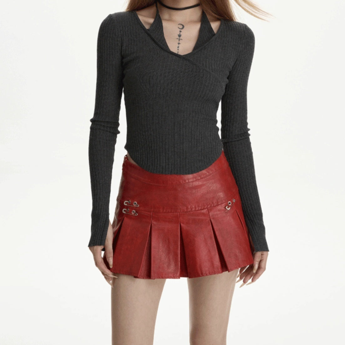 High Waist Pleated A-Line PU Leather Skirt for Women