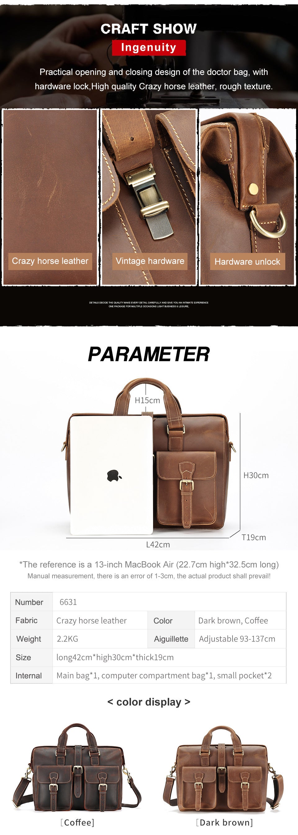 Sac d'affaires de voyage en cuir véritable