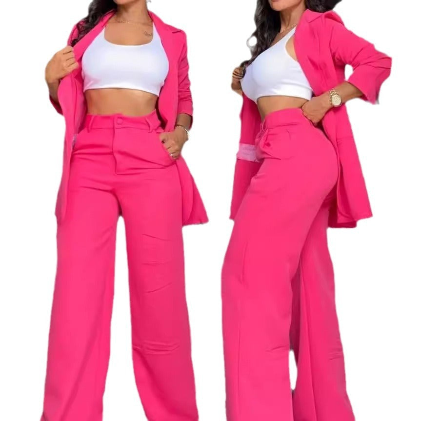 Pure Color Lapel Suit with Split Sleeves and Straight-Leg Pants for Women