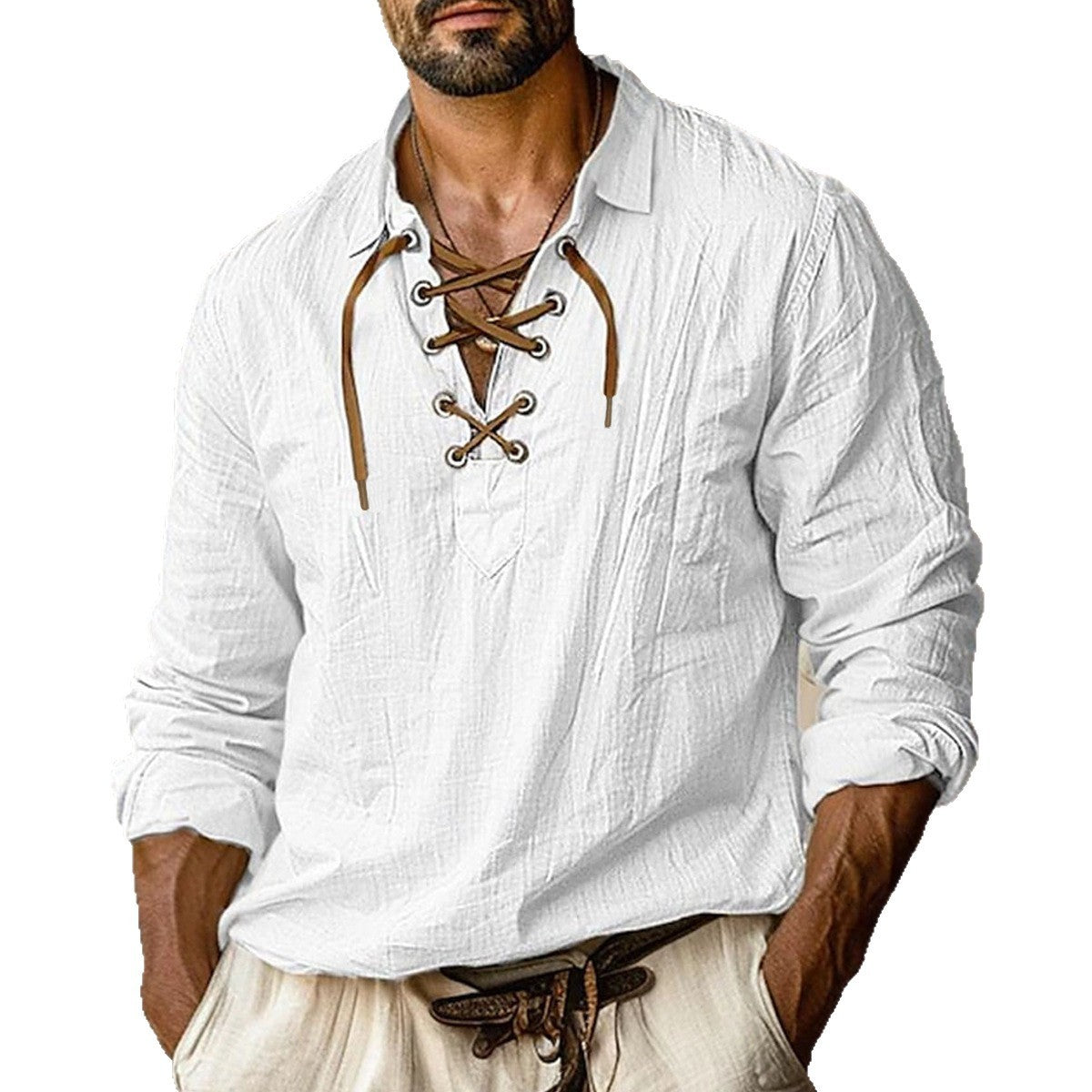 Men's Plus Size Loose Linen Long Sleeve Solid Color Shirt with Lapels