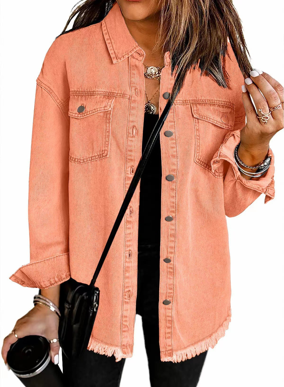Washed Denim Shirt Women’s Street Style Frayed Hem Coat