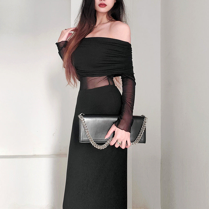 Robe d'hiver noire plissée en polyester à manches longues et épaules dénudées pour femme