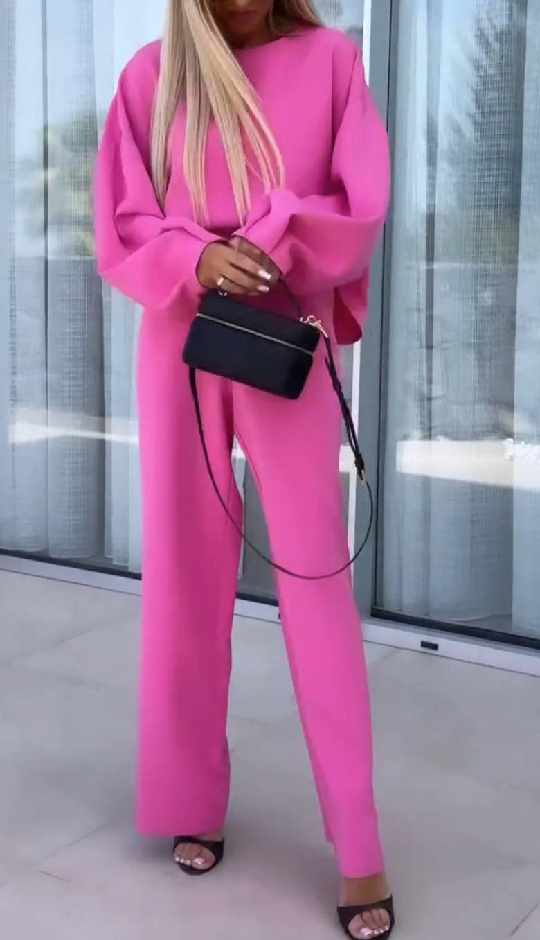 Ensemble deux-pièces femme couleur unie col rond manches longues taille élastique