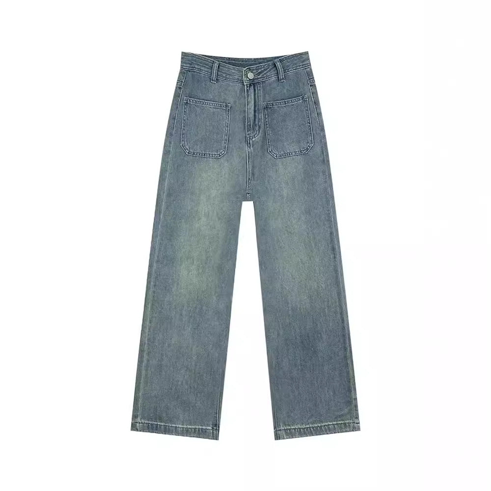 Light Blue High Waist Wide-Leg Jeans for Women Petite Slimming Nine-Point