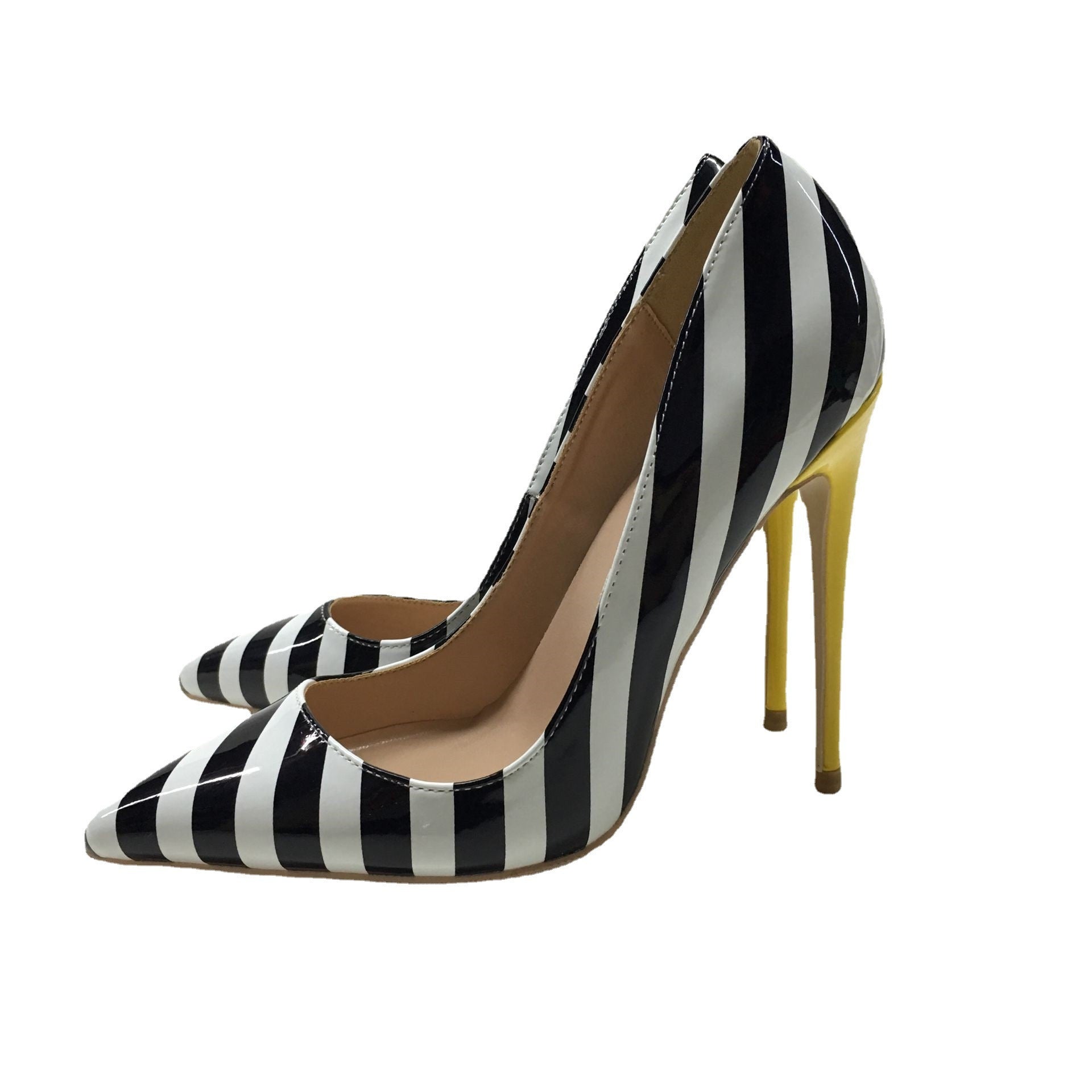 Striped Black & White 12CM Pointed Toe Stiletto High Heels for Women
