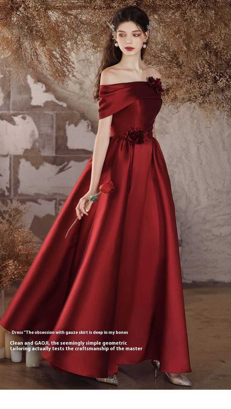 Off-Shoulder Wine Red Satin Toast Wedding Evening Dress